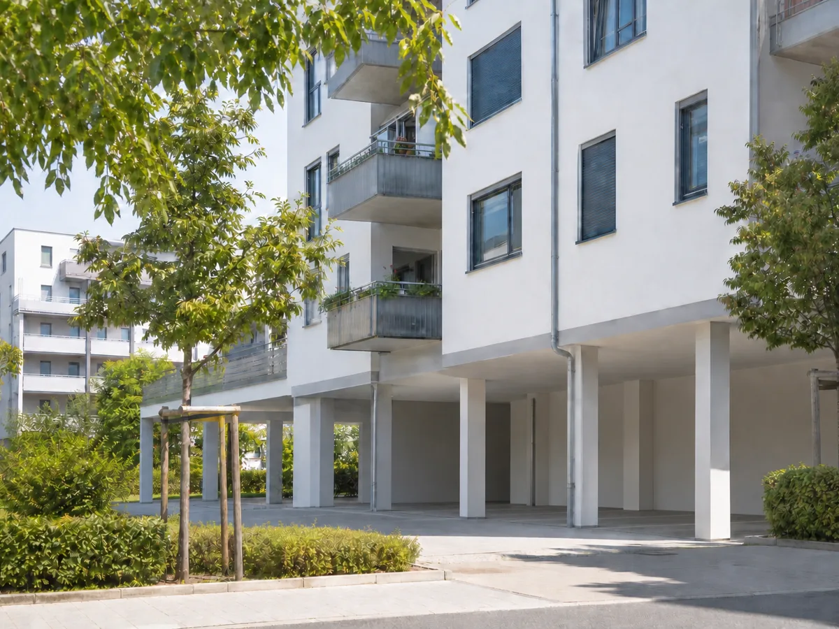 Mehrparteienhaus mit leeren überdachten Stellplätzen im begrünten Wohnumfeld
