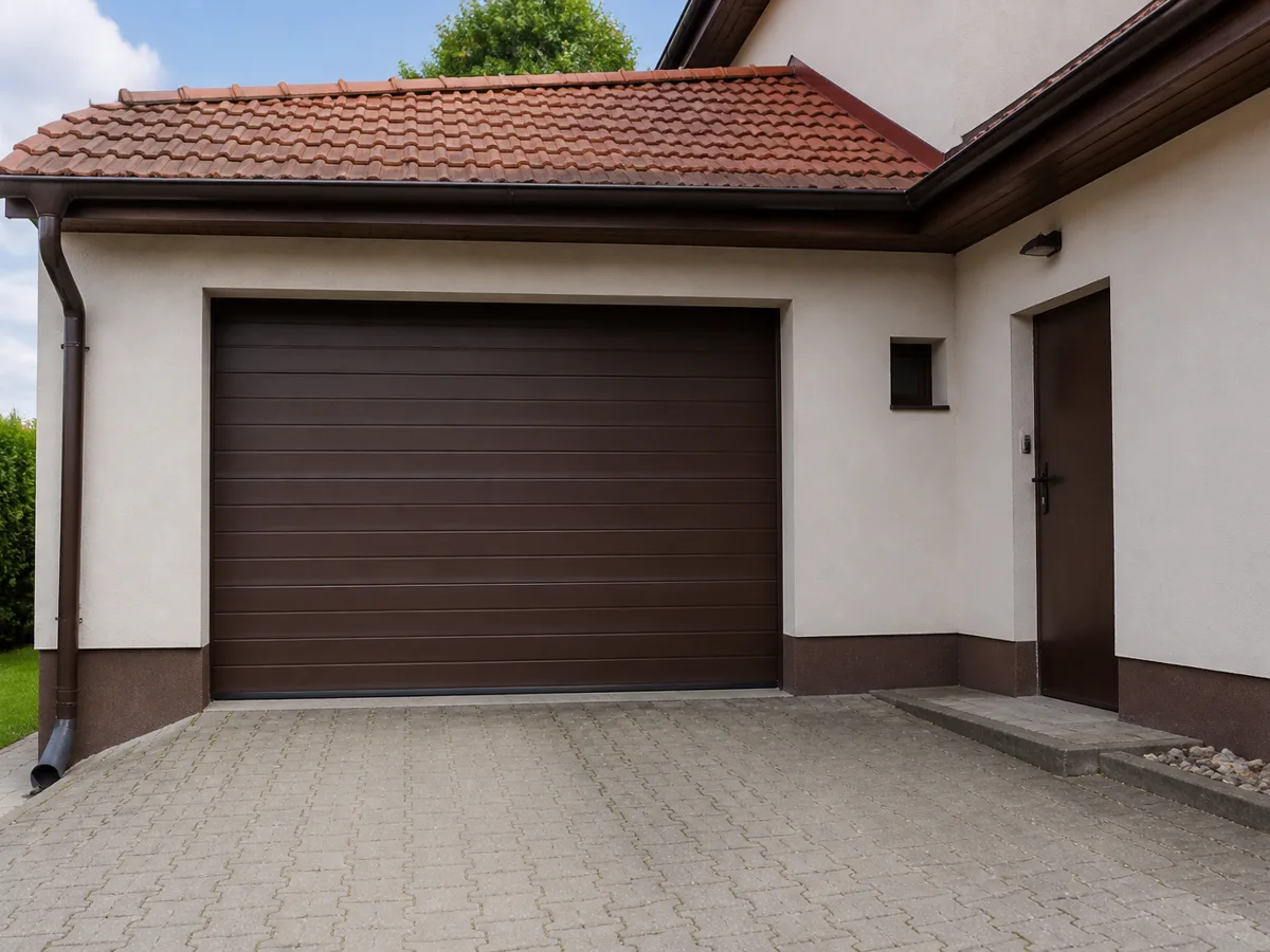 Garage mit Tor, Zufahrt und seitlichem Zugang zum Wohnhaus